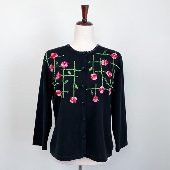 Jack B. Quick Sequin Beaded Embroidered Rose Cardigan - Picture 1 of 8